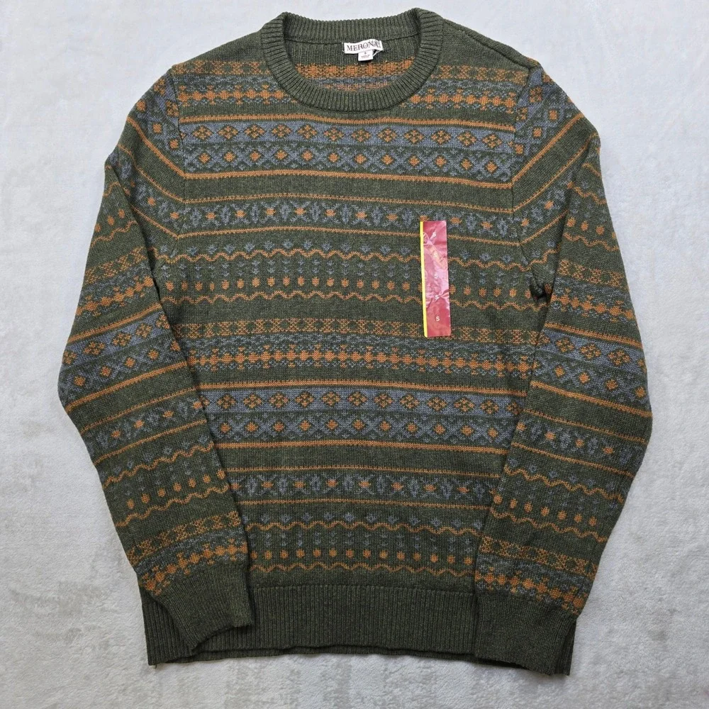 Merona Fair Isle Crewneck Sweater Mens Small Green‎ Orange Blue NEW
